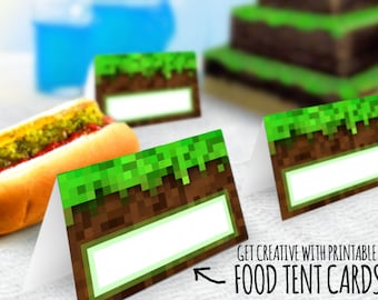 Mine Video Game Food Tent Cards, Tischschilder für eine Bergbau-Themen-DIY-Party Sofort herunterladbare druckbare Papieretiketten mit TNT