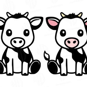 May include: Two cartoon cows sitting with their legs crossed. The cows are black and white with pink noses. One cow has pink ears.