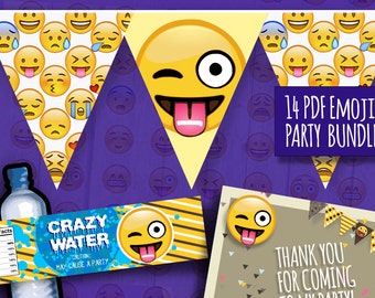 May include: A printable party bundle featuring 14 PDF files with emoji designs. The bundle includes a banner, water bottle labels, and a thank you card. The emoji design features a yellow face with a wink, a tongue sticking out, and one large eye.
