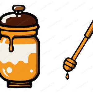 May include: A glass jar of honey with a brown lid and a dripping honey effect. A wooden honey dipper with a dripping honey effect is to the right of the jar.