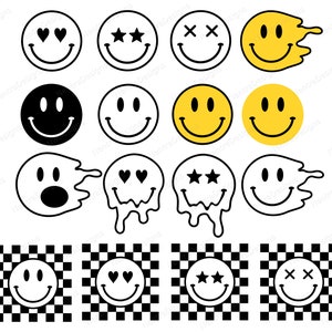 May include: A set of 12 black and white and yellow smiley face stickers with different expressions. The stickers are in a checkered pattern and include hearts, stars, and Xs for eyes.