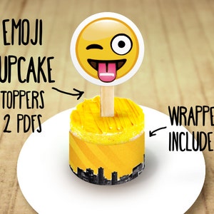 May include: Yellow cupcake with a yellow and black striped wrapper. The cupcake is topped with a stick holding a yellow emoji with a wink and a tongue sticking out. The text "EMOJI CUPCAKE TOPPERS 2 PDFs" is in the top left corner of the image. The text "WRAPPER INCLUDED" is in the top right corner of the image.