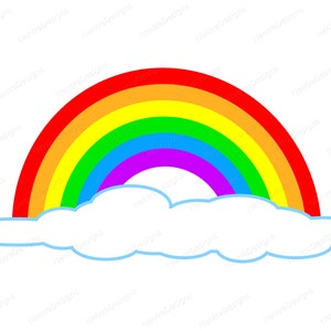 May include: A rainbow with red, orange, yellow, green, blue, indigo, and violet stripes, with a white cloud underneath.
