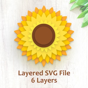 Archivo de corte en capas de girasol SVG, png, jpeg, pdf, dxf, Descarga instantánea, Vector Clip Art Cut File, Cricut, Silhouette
