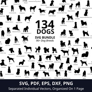 May include: A black and white graphic illustration of 134 different dog breeds. The image includes the text "134 DOGS SVG BUNDLE 96+ Dog Breeds" and "SVG, PDF, EPS, DXF, PNG Separated Individual Vectors, Organized On 1 Page".