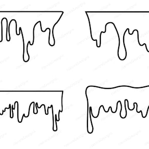 May include: Four black and white line drawings of dripping liquid. Each drawing shows a different shape of dripping liquid.