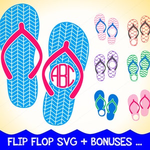 Könnte beinhalten: Ein Set mit 10 digitalen Schnittdateien zum Basteln, mit Flip-Flops in verschiedenen Farben, darunter Blau, Pink, Grün und Lila. Die Flip-Flops haben ein Chevron-Muster und einige haben die Initialen "ABC" in der Mitte.