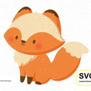 May include: A cute cartoon fox with orange fur, a white belly, and brown ears. The fox is sitting on a white background with a yellow circle around it. The text "SVG Instant Download" is in a yellow box in the lower right corner of the image.
