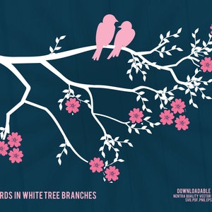 Ramas de árbol blanco Pink Love Birds SVG, pareja de novios Mr Mrs Cherry Blossom Birch Border Floral Clipart, pdf dxf png Overlay
