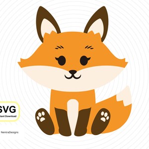May include: A cute cartoon fox with orange fur, brown ears, and a white belly. The fox is sitting with its paws tucked under its body and has a big smile on its face.