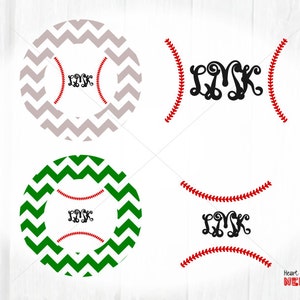 May include: Two baseball-themed designs with a chevron pattern in gray and green. The designs feature a baseball stitch outline and a monogram in the center. The monogram is "LSK".