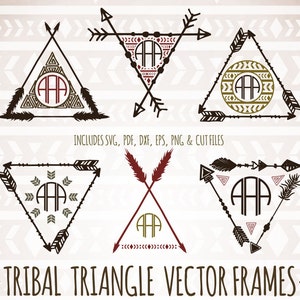 May include: Set of six tribal triangle vector frames with arrow designs. Each frame features a circle in the center with a monogram design. The frames are in black and white with brown, green, and red accents.