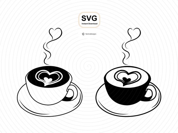 Coffee cup with heart steam, line art illustration over a