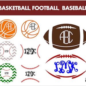 May include: A set of six digital cut files for crafting. The files feature a basketball, football, and baseball with monogrammed initials. The initials are "ABC" and "LYK".