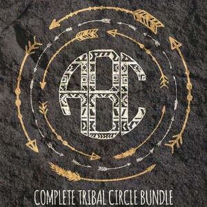 May include: A black and white tribal pattern circle design with a gold arrow circle around it. The text "COMPLETE TRIBAL CIRCLE BUNDLE" is below the design.