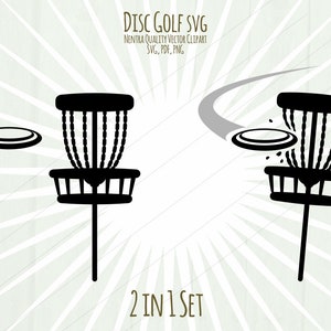 May include: Black and white silhouette of a disc golf basket with a disc flying into the basket. The text "DISC GOLF SVG" and "2 IN 1 SET" is below the image.