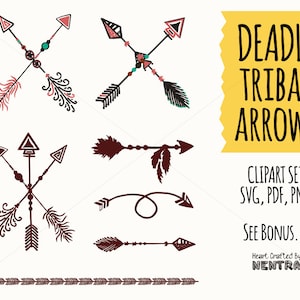 Puede incluir: Un conjunto de ocho diseños de flechas tribales en negro, marrón y rojo. Las flechas están decoradas con plumas, cuentas y espirales. El texto "Deadly Tribal Arrows" está en un cuadro amarillo.
