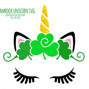 Lucky Shamrock Unicorn SVG File, Face Head, png pdf, Iron On T-shirt Transfer Clip Art, Para Mac + PC, Uso personal + comercial