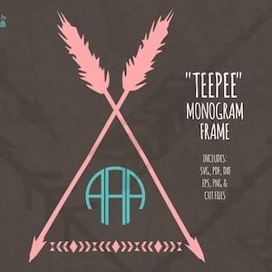 Puede incluir: Un marco de monograma tipi rosa con un monograma turquesa en el centro. El marco está hecho de dos flechas cruzadas con plumas. El texto "TEEPEE" MARCO DE MONOGRAMA" está por encima del marco. El texto "INCLUYE: SVG, PDF, DXF, EPS, PNG & ARCHIVOS DE CORTE" está debajo del marco.