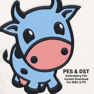 May include: A blue cartoon cow with a pink nose and big eyes. The image is for an embroidery file that can be downloaded for use on a computer.