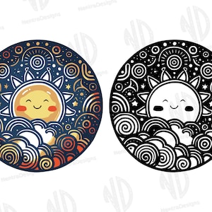 Puede incluir: Una ilustración en blanco y negro de un sol sonriente con una cara amarilla y mejillas rojas, rodeado de nubes y estrellas que giran. El sol está sobre un fondo azul oscuro con acentos dorados y naranjas.