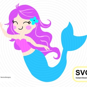 Schattige zeemeermin SVG, Sea Princess, vloeiend paars haar voor verjaardagen, Iron Ons, Instant Digital Download, Vector Clip Art File