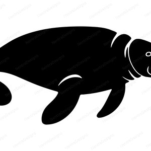 May include: A black silhouette of a manatee, a large, aquatic mammal, swimming in a side view. The manatee is facing right and has a rounded body and a small, flipper-like tail.