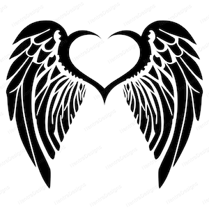 May include: A black graphic of angel wings forming a heart shape. The wings are detailed with individual feathers, and the design is set against a white background. The image has a clean, minimalist aesthetic.