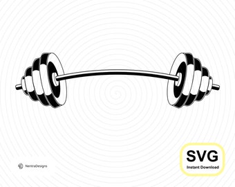 May include: Black and white illustration of a barbell with weight plates on each side. The weights are circular and stacked, with a curved bar in the center. The image includes the text "SVG Instant Download".