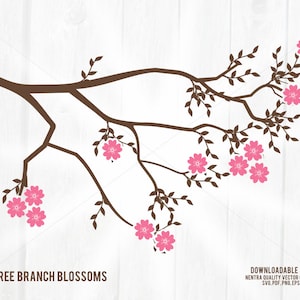 May include: A brown tree branch with pink blossoms. The branch is silhouetted against a white woodgrain background. The text "TREE BRANCH BLOSSOMS" is at the bottom of the image.