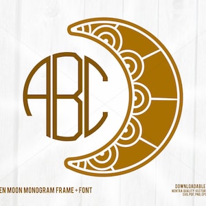May include: A gold moon frame with a decorative pattern surrounds a circle monogram with the letters ABC.  The design is on a white woodgrain background.  Golden Moon Monogram Frame + Font.