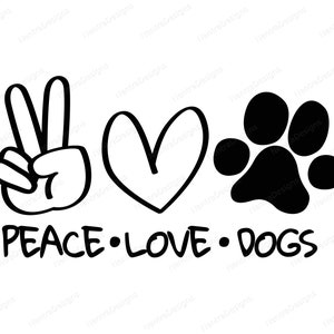 Pode incluir: Ilustração em preto e branco de um sinal de paz, um coração e uma pegada de pata com o texto "PEACE LOVE DOGS".