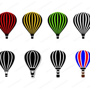 Puede incluir: Conjunto de ocho ilustraciones de globos aerostáticos en varios colores, incluyendo rojo, amarillo, verde, negro y azul. Los globos son todos contornos en blanco y negro con rayas de diferentes colores.