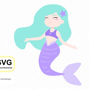 Schattige zeemeermin SVG, zeeprinses zittend, stromend groen haar voor verjaardagen, opstrijkbare ons, instant digitale download, vector kunst bestand