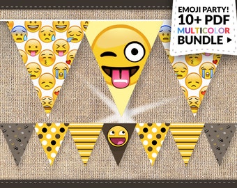 May include: A printable banner featuring a yellow and black emoji design. The banner includes a variety of emoji faces, including a winking emoji with its tongue sticking out. The text "EMOJI PARTY! 10+ PDF MULTICOLOR BUNDLE" is displayed in the top right corner of the image.