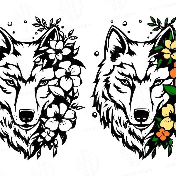 Wolf with Flowers SVG, Wolf flower, Floral Half png, jpeg, pdf, dxf, Instant Download, Vector Printable, Cricut & Silhouette