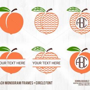 May include: Six peach-shaped frames with a green leaf and stem. The frames are in two styles: one with a solid peach shape and the other with a chevron pattern. The frames are designed to be used as a monogram with the text "YOUR TEXT HERE" or "ABC" inside.