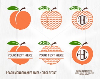 80% Off Sale Peach Monogram SVG, Peaches Split Frame + Circle Border Clipart, PNG pdf dxf. Download for Mac + PC, Commercial License w/ Font