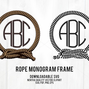 May include: A monogram frame with the letters ABC inside a rope circle. The rope is brown and tied in a knot at the bottom. The frame is also available in black.
