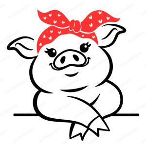 Può includere: Un disegno in bianco e nero di un maiale che indossa un bandana rosso con cuori bianchi. Il maiale sorride e ha le zampe anteriori incrociate.