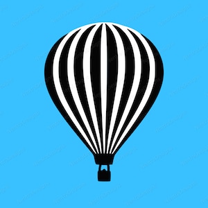 Puede incluir: Un globo aerostático a rayas blancas y negras sobre un fondo azul claro.