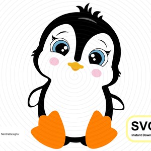 Lindo bebé pingüino SVG sentado mirando con grandes ojos azules, descarga digital instantánea, hierro en archivo PDF Vector Clip Art