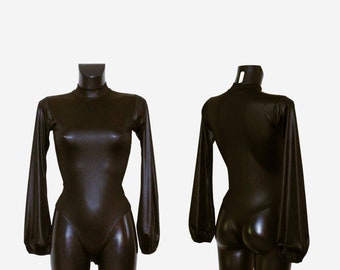 Women's Black PVC Effect Bell Sleeve Polo Neck Leotard Bodysuit