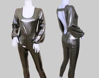 Damen Metallic Silber Jumpsuit mit offenem Rücken und Glockenärmeln