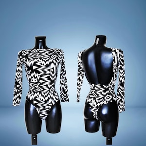 Women&#39;s Open Black & White Aztec Leotard Bodysuit