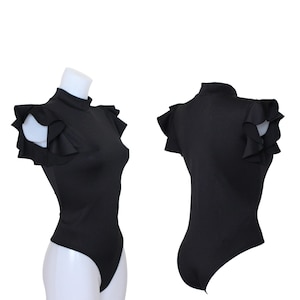 Damen Schwarz Scuba Spandex Rüschen Ärmel Rollkragen Trikot Bodysuit