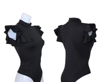 Women's Black Scuba Spandex Ruffle Sleeve Polo Neck Leotard Bodysuit