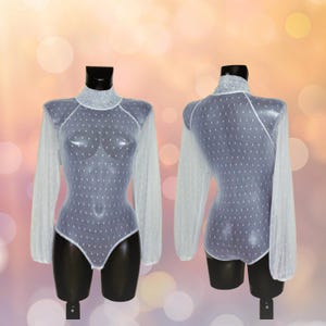 Women&#39;s Transparent Vintage Look White Polka Dot Raglan Sleeve Leotard Bodysuit