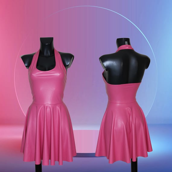 Women's Pink Cerise Soft Stretch PVC Leatherette Faux Leather Halter Neck Skater Dress
