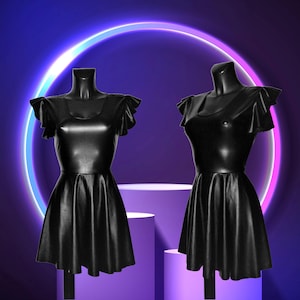 Black Soft Stretch PVC Leatherette Faux Leather Baby Doll Flutter Sleeve Bodycon Skater Dress